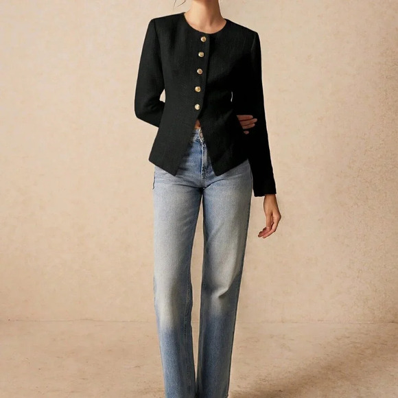 Black Elegant Women's Round Neck Split Cuff Jacket - Picture 6 of 7